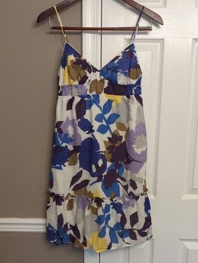 American Eagle Blue Purple Yellow Floral Babydoll Sundress Ruffle Hem Mini